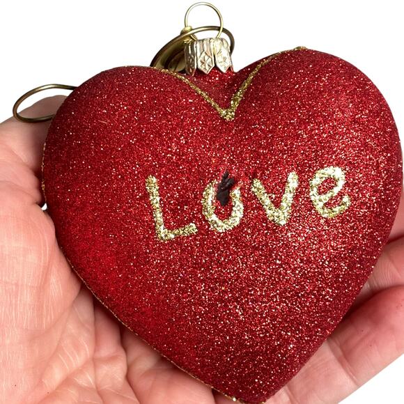 Landmark Creations Red Heart Ornament Handblown Glass Glitter Gold Love FLAWED - Picture 1 of 16